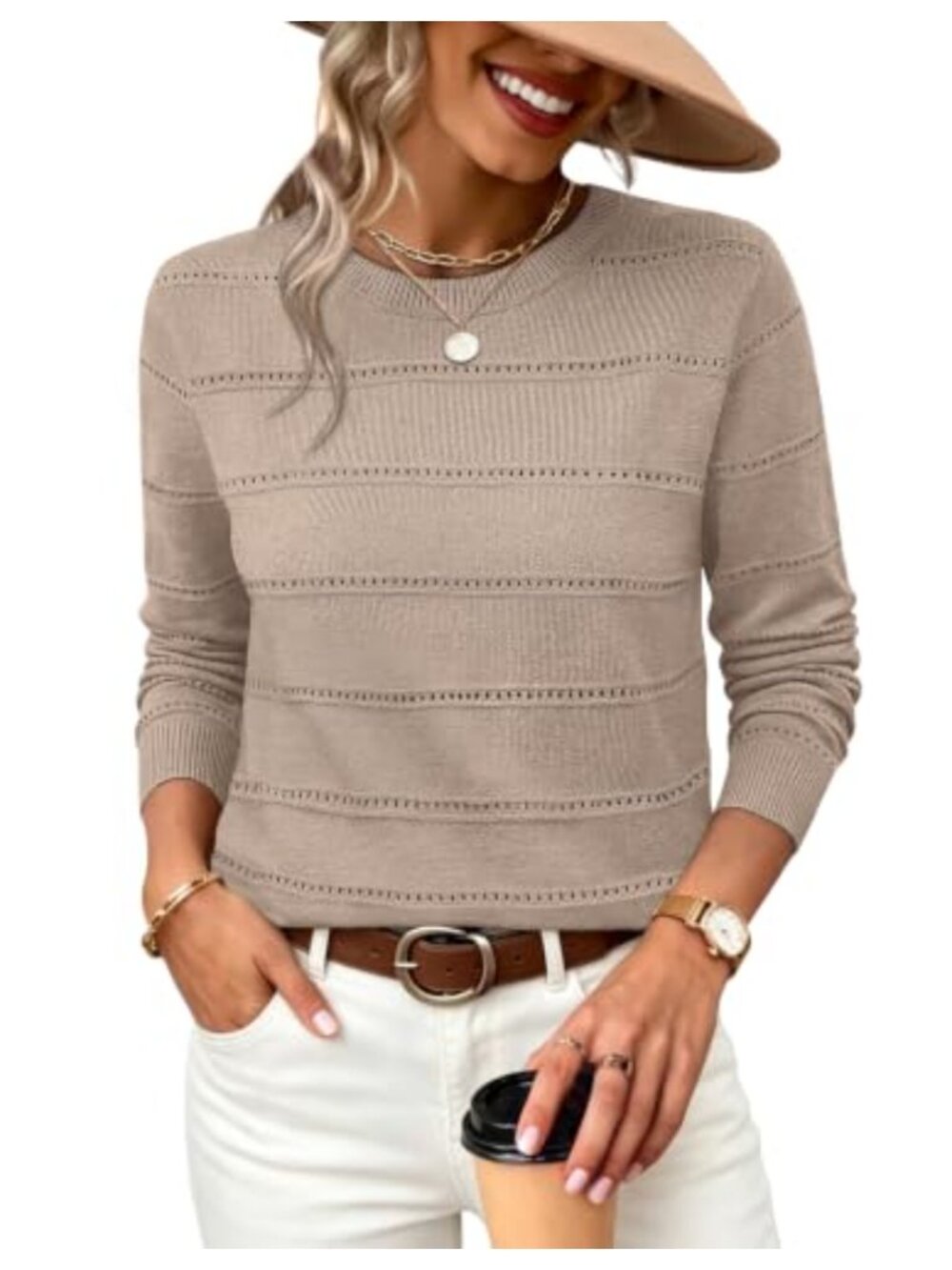 WIHOLL Women's Hollow Out Knit Sweater Scoop Neck Pullover Lightweight
